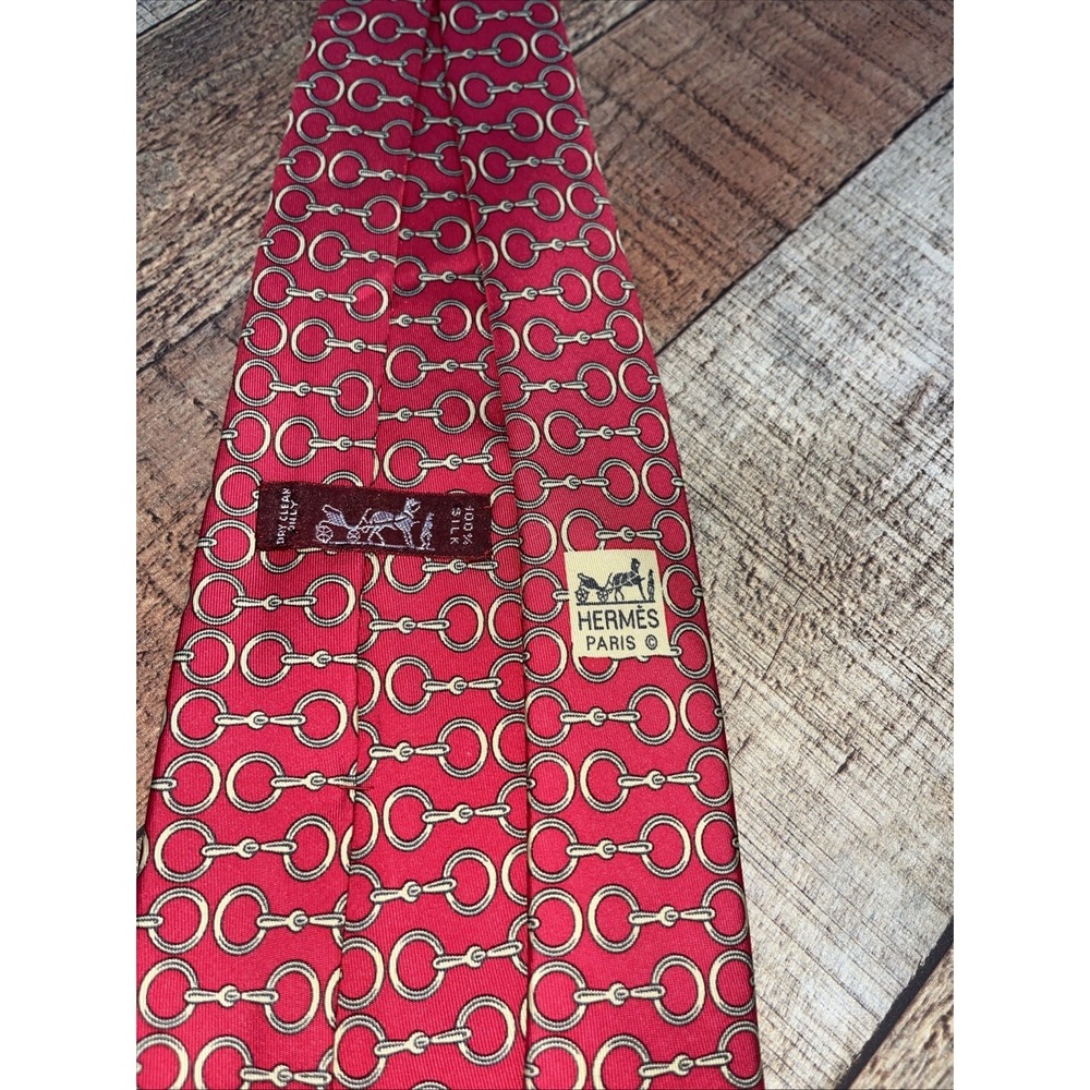 "Hermes Paris Snaffle Bit Red Gold Silk Tie" - Picture 2 of 3